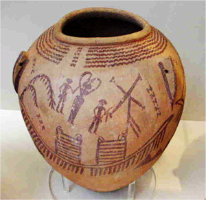 BM EA49570 is another Naqada II Period jar with similar artistic themes to those of ECM 1868, with the addition of humanoid characters. Photograph by the author © Trustees of the British Museum