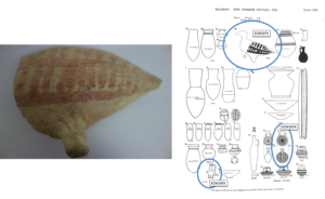 A fragment from a bird-shaped vessel (ECM 1973) discovered in Burial 66 at Balabish. On the left is the fragment today, while on the right is a line-drawing reconstructing the vessel from the site publication (ECM 1955 and ECM 1974 are also visible in line-drawings on the plate). © Eton Myers Collection, University of Birmingham Plate courtesy of the Egypt Exploration Society