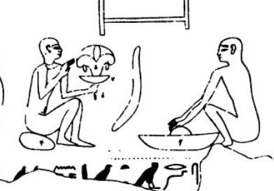 This scene from the 26th Dynasty tomb of Ibi in Thebes may depict faience workers mixing faience paste (right) and glazing an object (left) (Davies 1902, pl XXV)