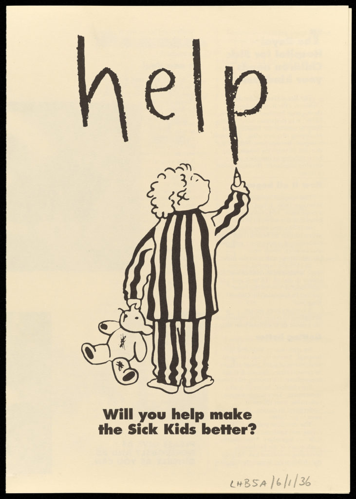 Image of a leaflet appealing for donations to the Edinburgh Royal Hospital for Sick Children. The leaflet is cream with black text. The bottom right of the image features the campaign logo, a black and white drawing of a child wearing striped pyjamas and holding a teddy bear. The child has just written the word 'help' above them. Below are the words "Will you help make the Sick Kids better?".