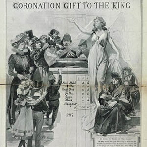 A reproduction of a poster for the King Edward’s Hospital Fund for London. The poster is in black and white. On it are painted adults and children holding up coins and queueing to put their coins in a dish. The dish is guarded by a policeman pointing to the dish, and an angel. The text reads ‘Coronation Gift to the King, King Edward’s Hospital Fund for London’. In the middle of the poster, names have been handwritten with an amount of money (indicative of how much they have donated) written next to each name.