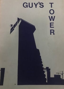 A reproduction of a poster depicting a black and white image of Guy’s Hospital Tower, with imagery of an urban landscape in the background.
