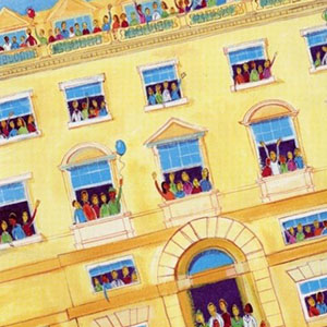 The front cover of a leaflet. In the centre is a painting of the front of a large, yellow building on a blue background. The building has 18 windows split over 5 floors, and one archway on the ground floor in the centre. The archway and each window have people stood in them, with some waving and some holding balloons. Above and below the painting are thick, plum-coloured borders with white text. The border above the painting states "The Lord Mayor's Appeal 2001, Barts Cancer Centre of Excellence". The border below the painting states "A vision for the future".