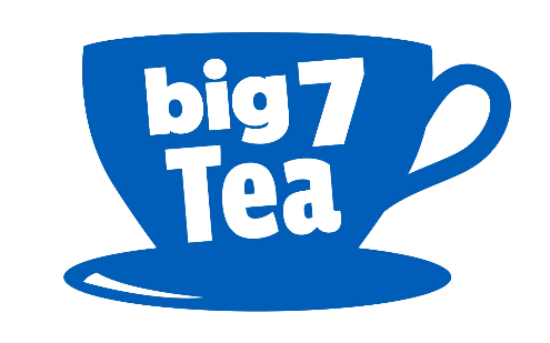 An image of a cartoon blue tea cup with the letters “big 7 Tea” written on it.