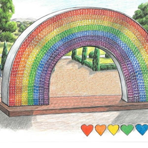 A drawing of a statue of a rainbow in a park, with a man, a woman and a child standing by it. On the bottom right corner of the drawing, there are seven cartoon hearts, each a different colour of the rainbow.