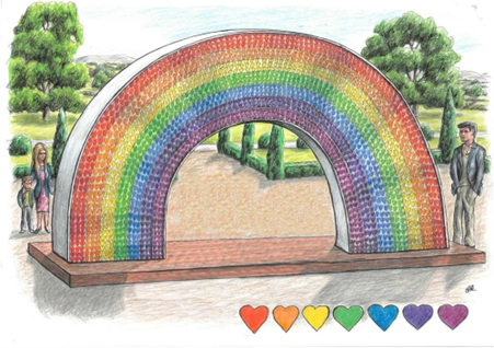 A drawing of a statue of a rainbow in a park, with a man, a woman and a child standing by it. On the bottom right corner of the drawing, there are seven cartoon hearts, each a different colour of the rainbow.