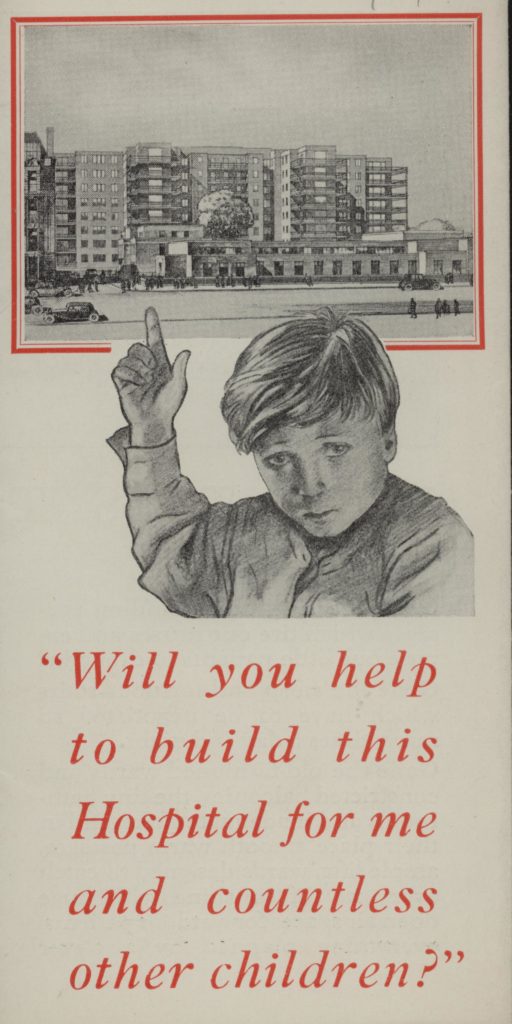Front image of a fundraising brochure. The brochure has a white background. At the top is a black and white sketch of the proposed new hospital building. The image has a bright red border. In the middle of the page is a sketch of a young child who looks sad and is pointing up at the hospital drawing. Below the child, text reads "Will you help to build this Hospital for me and countless other children?" The text is bright red in colour.