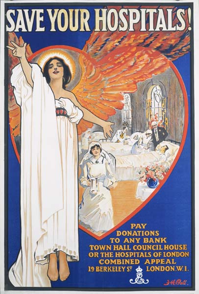 A reproduction of a poster advertising the Hospitals of London Combined Appeal. The poster shows a drawing of an angelic, female figure, standing in front of a hospital ward scene, depicting patients in hospital beds and a cheerful nurse walking in the ward. Large letters at the top of the of the poster say: “Save your hospitals!” Below the drawing of the hospital ward scene, there is text that says: “Pay donations to any bank, town hall, council house, or the Hospitals of London Combined Appeal. 19 Berkeley St. London. W1.” The bottom right corner features the autograph of J.H. Ball who designed the poster.