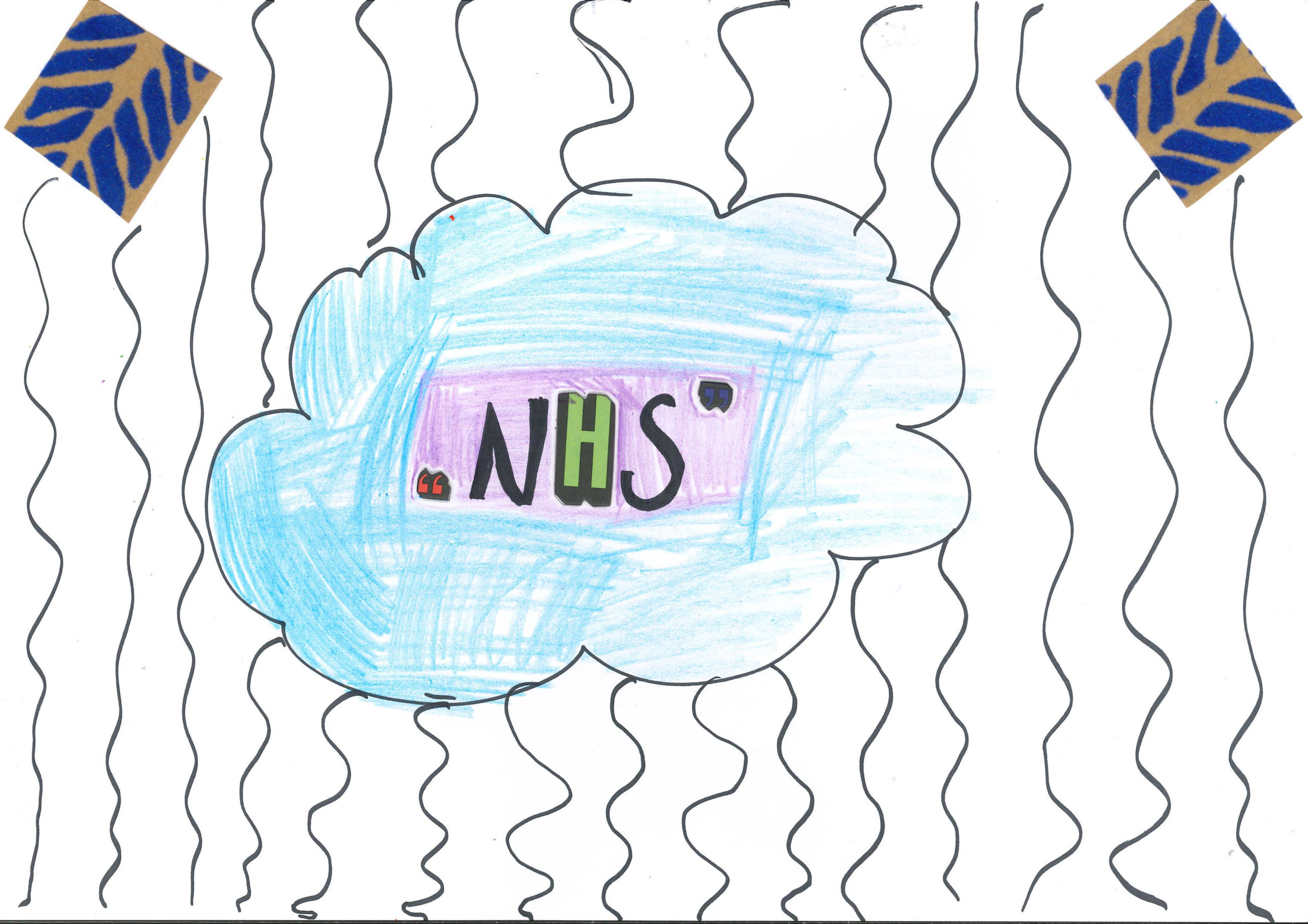 A simple poster with a white background features a blue cloud at the centre with "NHS" written in bold letters in the middle of the cloud.