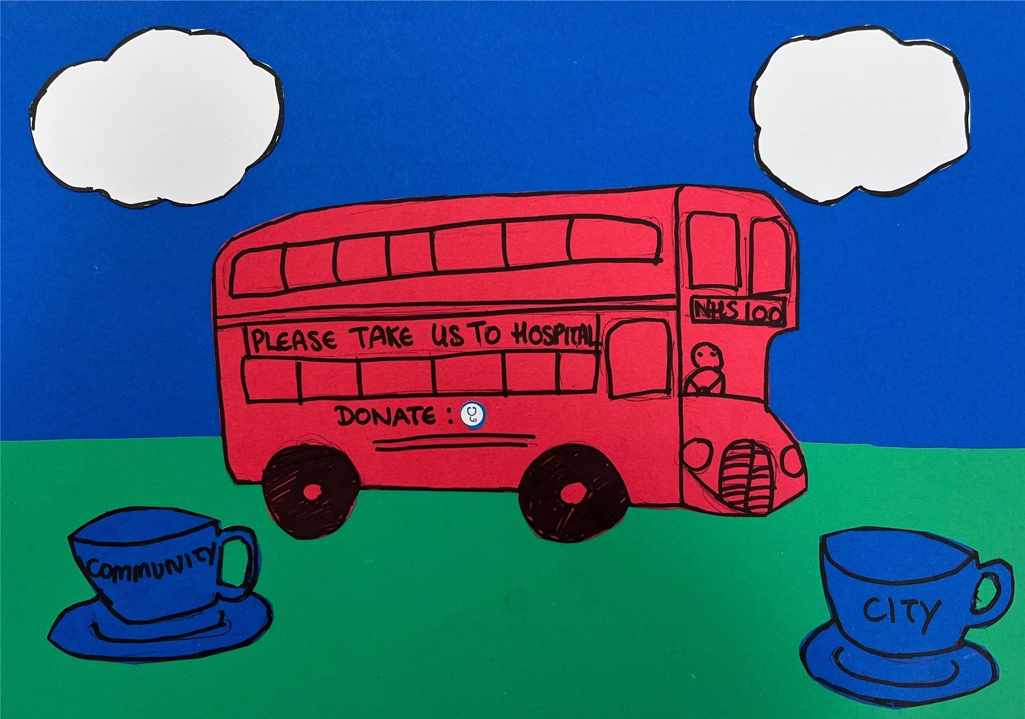 A poster depicting a red bus on green grass under a blue, cloudy sky with the text “PLEASE TAKE US TO HOSPITAL” written over the van. Underneath the windows, “DONATE” is written alongside a picture of a stethoscope, indicating that the funds raised will pay for medical equipment. The front of the ambulance displays “NHS 100,” commemorating 100 years of the NHS. On the ground, two empty blue cups are present at the two ends of the field: the right one reads “CITY”, and the left one reads “COMMUNITY.”