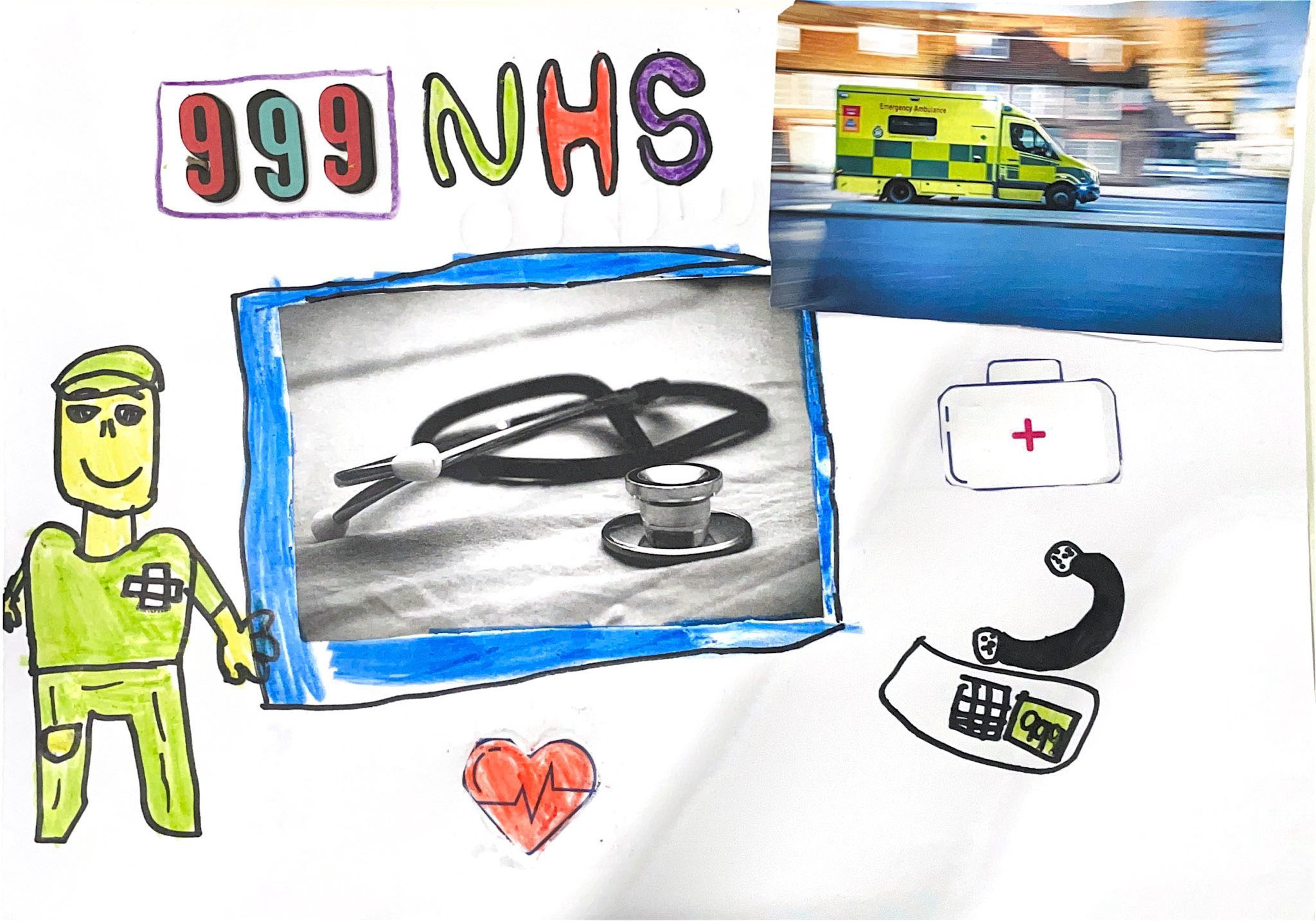 A poster featuring colourful bubble font text at the top that reads "999 NHS." To the right is an image of an ambulance driving on the road, with a picture of a stethoscope below it. On the left side, there's a drawing of a healthcare worker. The poster is also decorated with cut-outs of a heart with a pulse line and a first aid kit, highlighting healthcare and emergency services.
