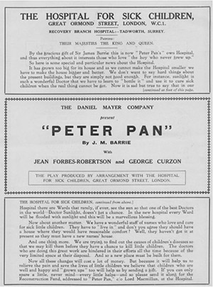 Promotion for Peter Pan play and appeal for funds for development of Hospital. Image courtesy of Great Ormond Street Hospital.