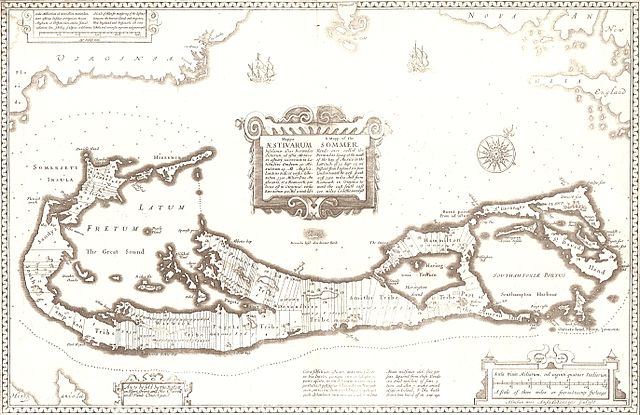 Picture of a map produced in 1676 by John Speed, depicting the Bermuda islands, and their approximate geographic location from both England and Virginia. Latin inscriptions surroudn the image.