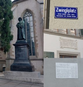 A Collection of Photos taken by Collection of Photos taken by Sharon Van Dijk on her trip to Zurich in the summer of 2022. This includes a statue of Zwingli, a blue sign stating the area she is in is called "Zwingliplatz", and two other photos of plaques or text commemorating Zwingli.