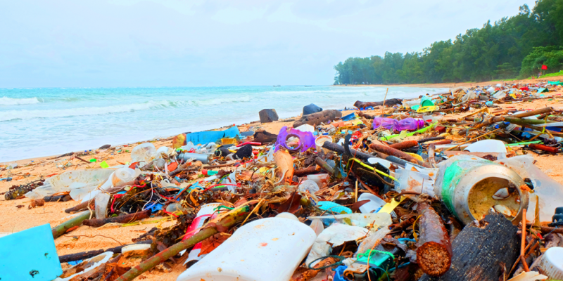 A scene of a beach covered in plastic waste