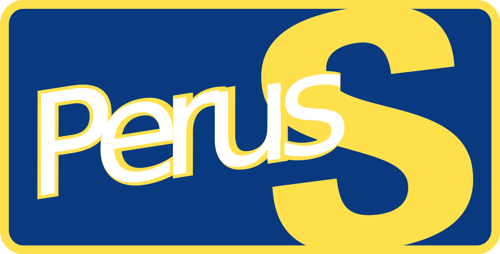 Logo of the Finns Party. Logo is a blue background with a gold/yellow border and gold/yellow text. The text in mostly lower case letters reads at a 45 degree angle up the page Perus. At the end of the word Perus there is a large capitalised S, also at a 45 degree angle