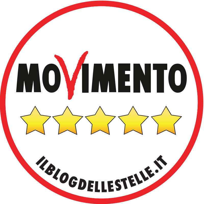 logo of the Five Star Movement. A thin red circle with white the middle like a sticker. In the centre the word MOVIMENTO is written in blog capitals. All are clean and in bold black type apart from the V which is red and looks like its been quickly written in red pen. Underneath the text sit five gold stars and a web address in black text right at the bottom of the logo