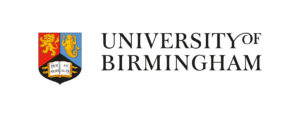 Full colour logo of the University of Birmingham. The University's shield, divided into three gudrants red, blue and black sits to the left hand side of the University's name split across two lines, all in capital letters and a cursive script