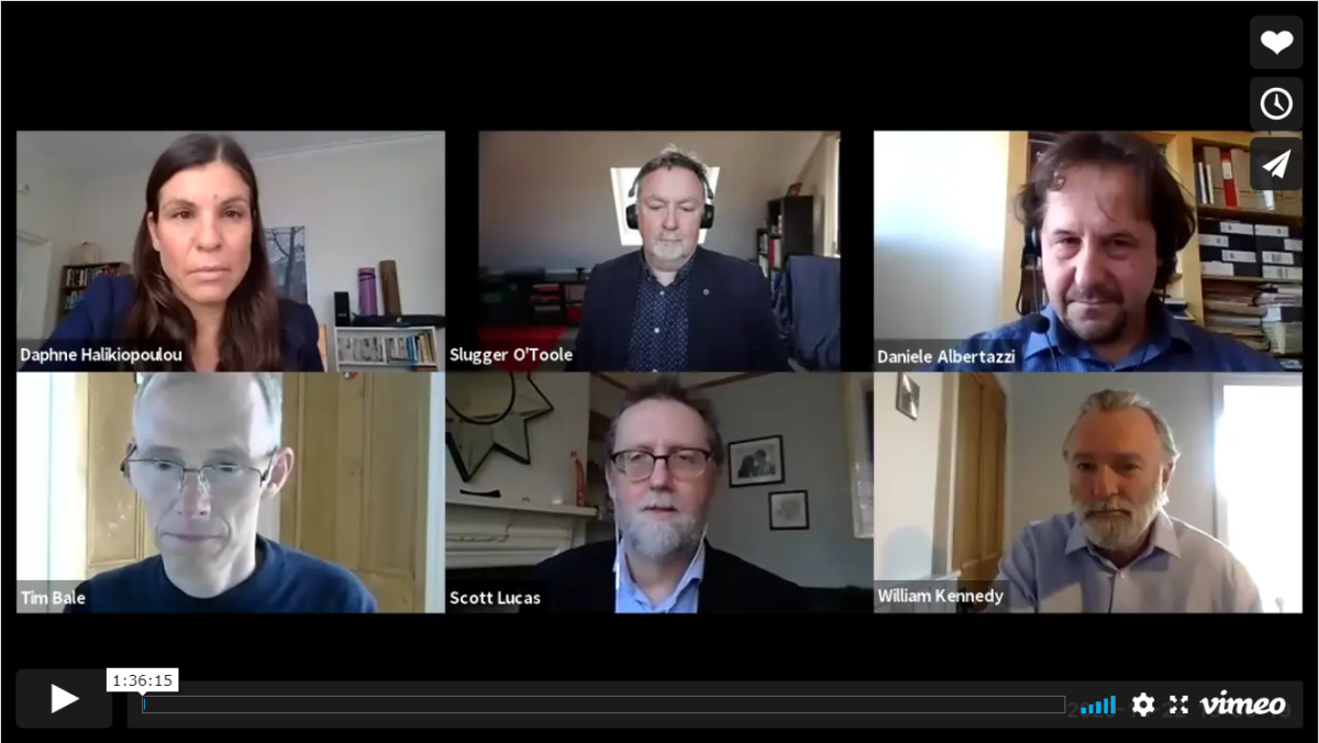 Screengrab of panelists for the 22nd October event. Six middle aged white people arranged in a grid on a video call. Five of the six are men one is a woman