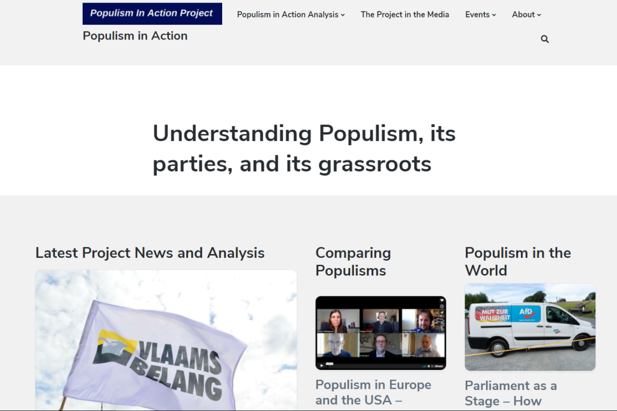 Screenshot of the Populism in Action Project website landing page. Consists of top menu and header bar, subtitle and the first few media containers holding blog posts and their titles