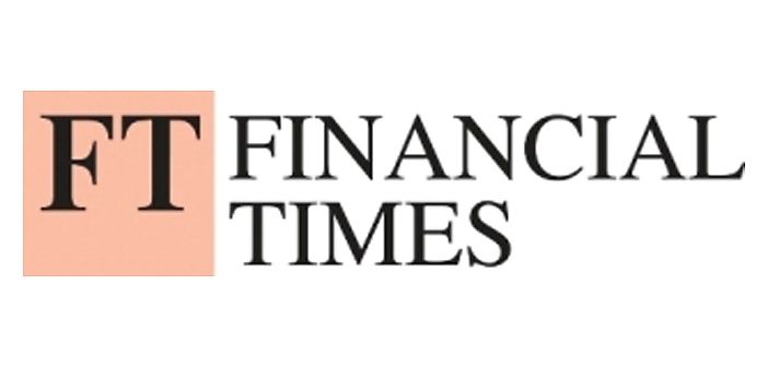 Logo of the Financial Times newspaper. Comprises a light pink box with the initials FT in a Times New Roman Style font on a white background with the names Financial Times written on top in the same font but smaller