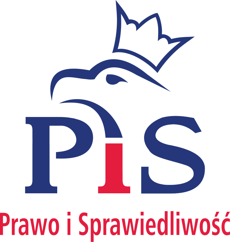 Logo of the Polish Law and Justice Party. It comprises a crowned bird rendered in profile in a cartoon like fashion. Underneath it sits the party's Polish initials PiS and a slogan. Te whole thing is in a dark, purpilish blue and a pinkish red hue