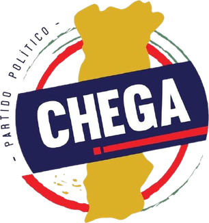 Logo of the Chega Political Party. It consists of the party's name in a red circle imposed on a yellow graphic representing a map of Portugal