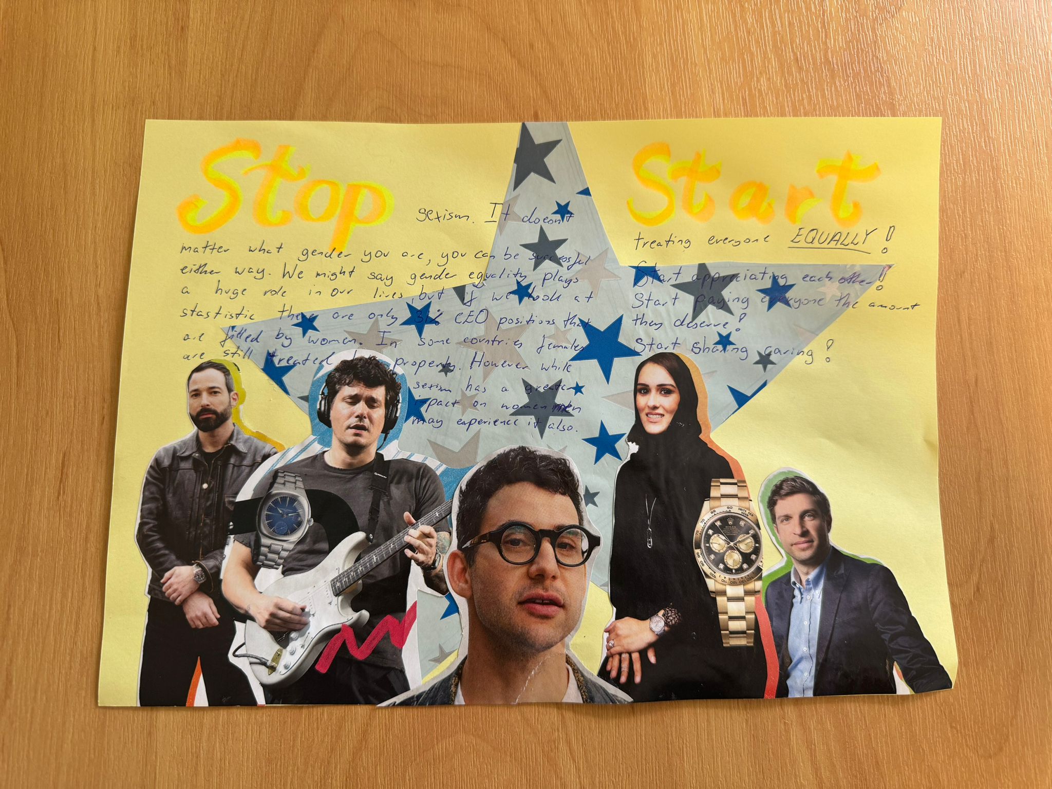 A collage created on yellow poster paper, layered with a large star in the middle and cutouts of celebrity images across the bottom half of the page. A message is handwritten in marker and pen over most of the page, which is described in the text box below the image.